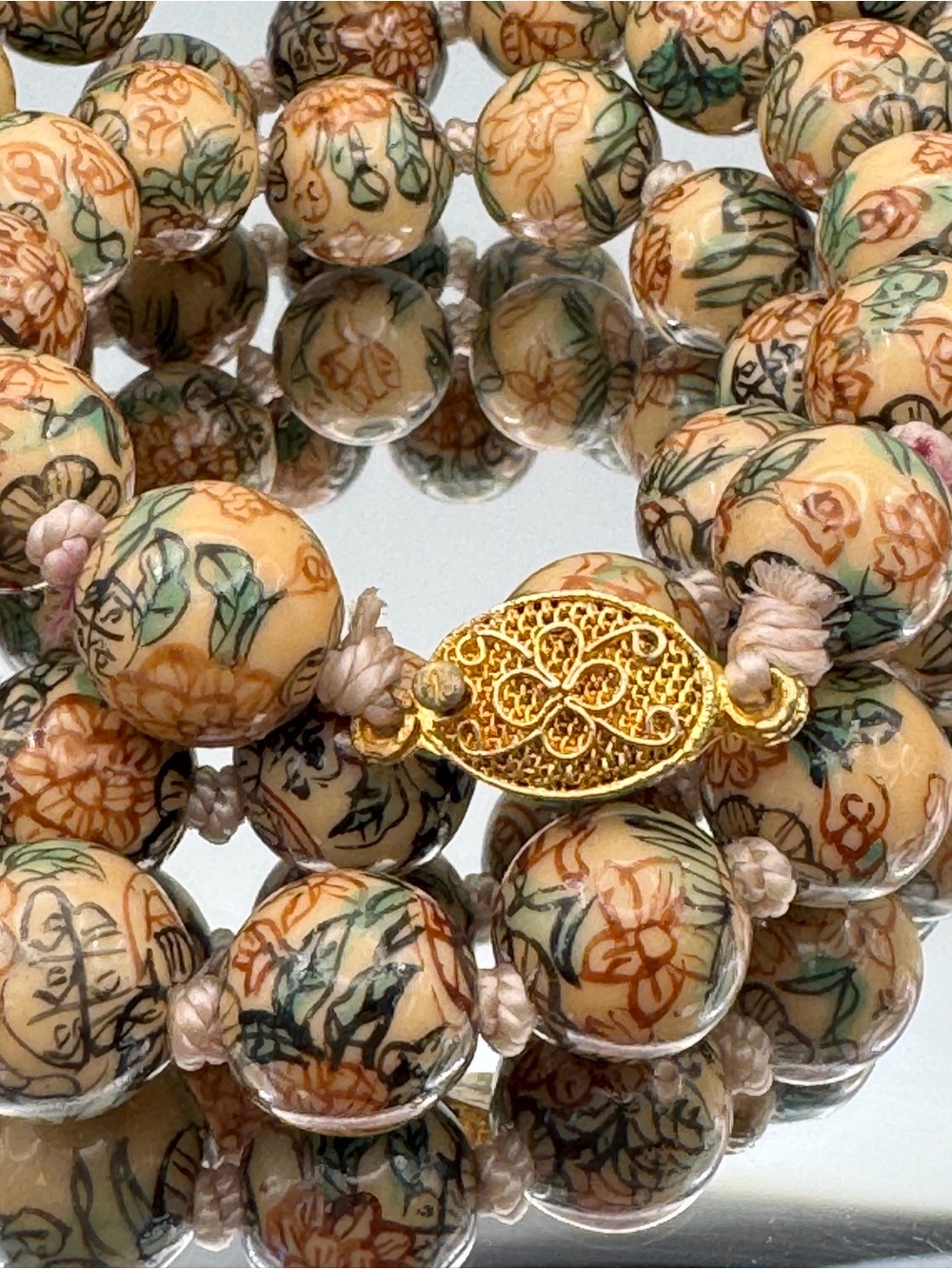 Chinese Hand Painted & Knotted Porcelain Beaded Necklace w/Gold Filigree Clasp